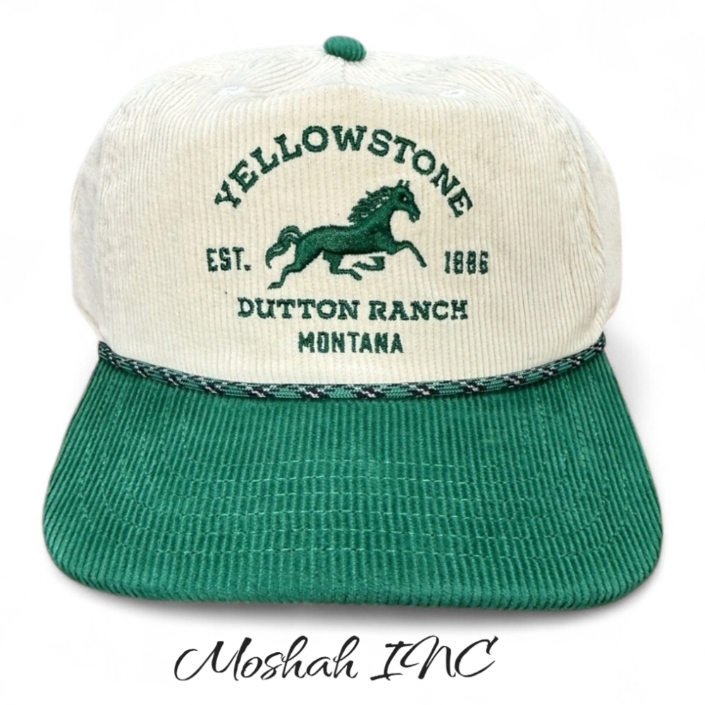 Yellowstone Dutton Ranch Hat Adult Cream Green Corduroy Snapback Cap Embroidered